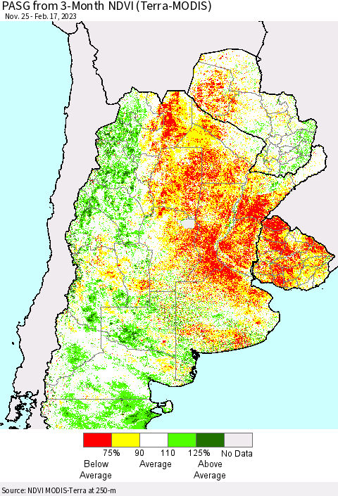 Southern South America PASG from 3-Month NDVI (Terra-MODIS) Thematic Map For 2/10/2023 - 2/17/2023
