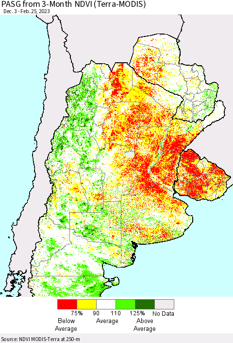 Southern South America PASG from 3-Month NDVI (Terra-MODIS) Thematic Map For 2/18/2023 - 2/25/2023