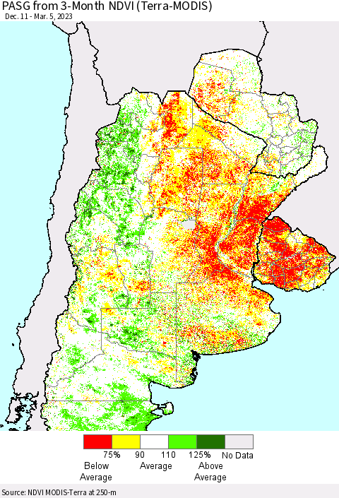 Southern South America PASG from 3-Month NDVI (Terra-MODIS) Thematic Map For 2/26/2023 - 3/5/2023