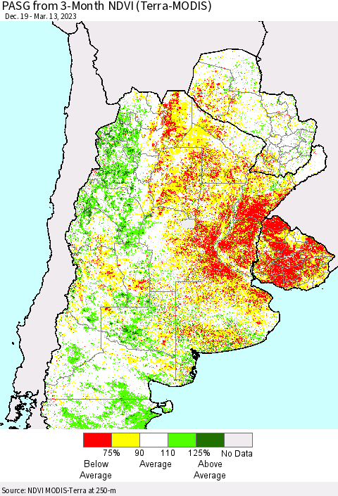 Southern South America PASG from 3-Month NDVI (Terra-MODIS) Thematic Map For 3/6/2023 - 3/13/2023
