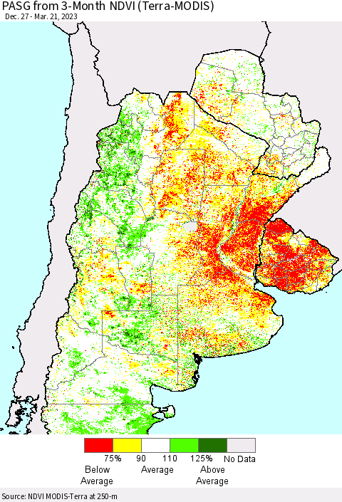 Southern South America PASG from 3-Month NDVI (Terra-MODIS) Thematic Map For 3/14/2023 - 3/21/2023