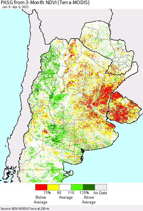 Southern South America PASG from 3-Month NDVI (Terra-MODIS) Thematic Map For 3/30/2023 - 4/6/2023