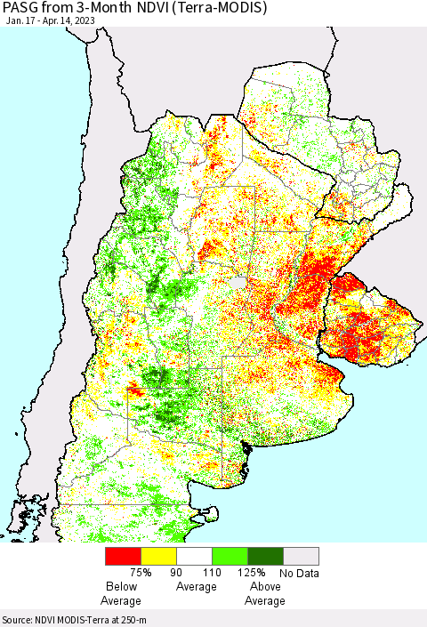 Southern South America PASG from 3-Month NDVI (Terra-MODIS) Thematic Map For 4/7/2023 - 4/14/2023