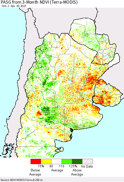 Southern South America PASG from 3-Month NDVI (Terra-MODIS) Thematic Map For 4/23/2023 - 4/30/2023