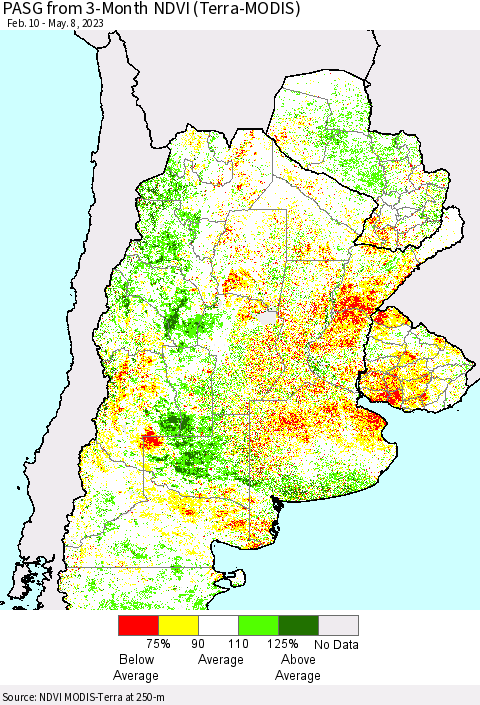 Southern South America PASG from 3-Month NDVI (Terra-MODIS) Thematic Map For 5/1/2023 - 5/8/2023