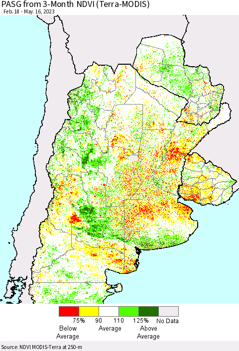 Southern South America PASG from 3-Month NDVI (Terra-MODIS) Thematic Map For 5/9/2023 - 5/16/2023
