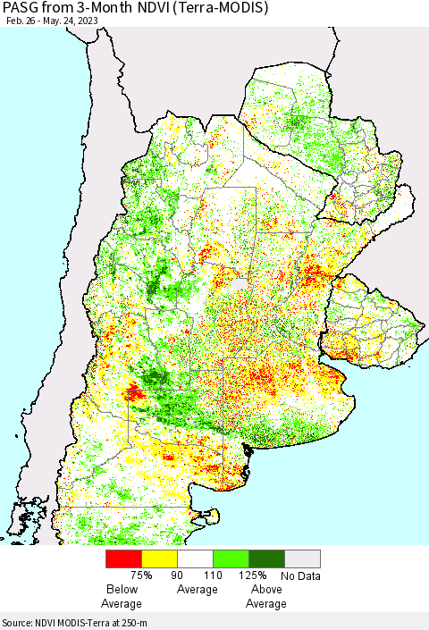 Southern South America PASG from 3-Month NDVI (Terra-MODIS) Thematic Map For 5/17/2023 - 5/24/2023
