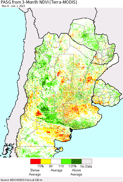 Southern South America PASG from 3-Month NDVI (Terra-MODIS) Thematic Map For 5/25/2023 - 6/1/2023