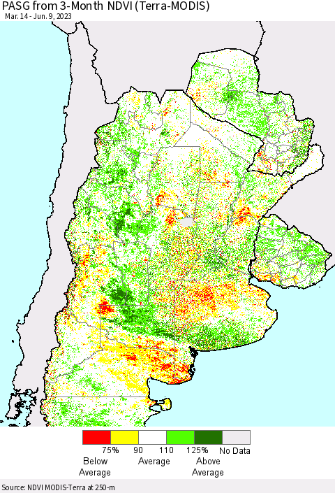 Southern South America PASG from 3-Month NDVI (Terra-MODIS) Thematic Map For 6/2/2023 - 6/9/2023
