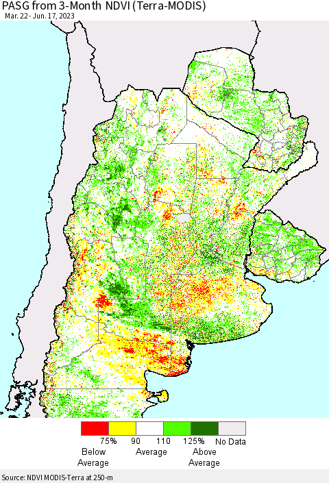 Southern South America PASG from 3-Month NDVI (Terra-MODIS) Thematic Map For 6/10/2023 - 6/17/2023
