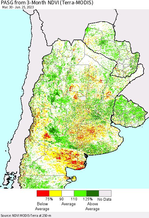 Southern South America PASG from 3-Month NDVI (Terra-MODIS) Thematic Map For 6/18/2023 - 6/25/2023