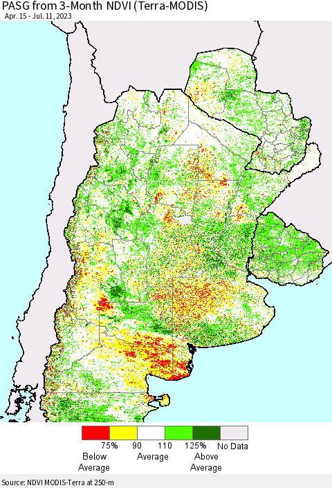 Southern South America PASG from 3-Month NDVI (Terra-MODIS) Thematic Map For 7/4/2023 - 7/11/2023
