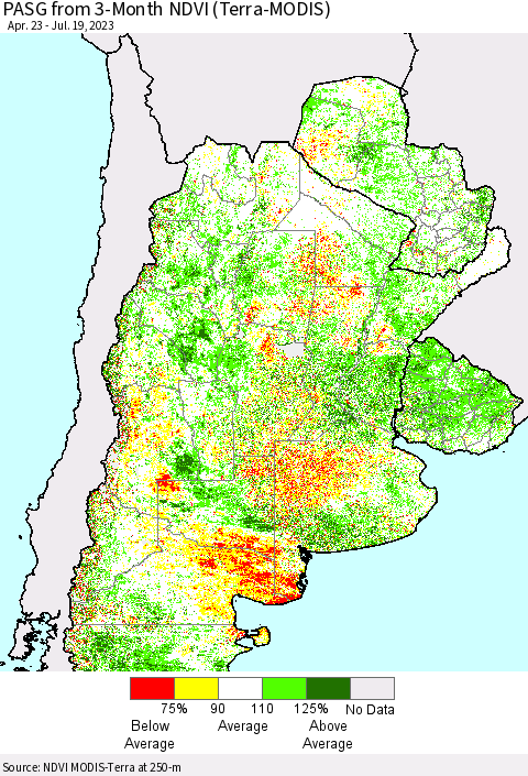 Southern South America PASG from 3-Month NDVI (Terra-MODIS) Thematic Map For 7/12/2023 - 7/19/2023