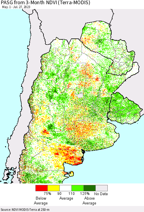 Southern South America PASG from 3-Month NDVI (Terra-MODIS) Thematic Map For 7/20/2023 - 7/27/2023
