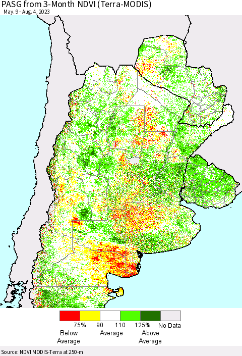 Southern South America PASG from 3-Month NDVI (Terra-MODIS) Thematic Map For 7/28/2023 - 8/4/2023