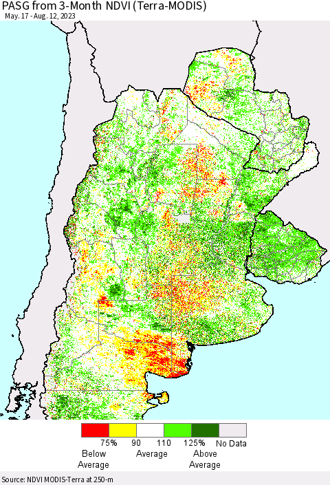 Southern South America PASG from 3-Month NDVI (Terra-MODIS) Thematic Map For 8/5/2023 - 8/12/2023