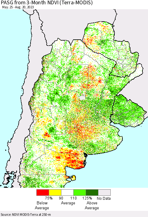 Southern South America PASG from 3-Month NDVI (Terra-MODIS) Thematic Map For 8/13/2023 - 8/20/2023