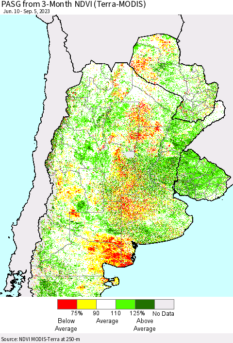 Southern South America PASG from 3-Month NDVI (Terra-MODIS) Thematic Map For 8/29/2023 - 9/5/2023