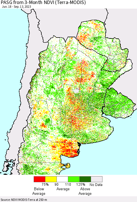 Southern South America PASG from 3-Month NDVI (Terra-MODIS) Thematic Map For 9/6/2023 - 9/13/2023