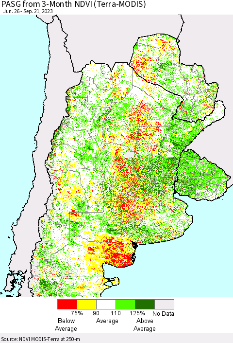 Southern South America PASG from 3-Month NDVI (Terra-MODIS) Thematic Map For 9/14/2023 - 9/21/2023