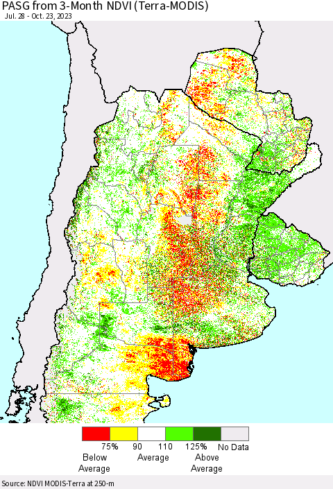 Southern South America PASG from 3-Month NDVI (Terra-MODIS) Thematic Map For 10/16/2023 - 10/23/2023