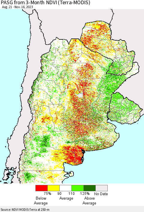 Southern South America PASG from 3-Month NDVI (Terra-MODIS) Thematic Map For 11/9/2023 - 11/16/2023