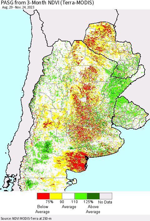 Southern South America PASG from 3-Month NDVI (Terra-MODIS) Thematic Map For 11/17/2023 - 11/24/2023