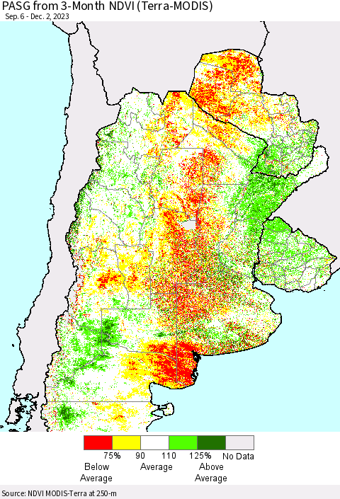 Southern South America PASG from 3-Month NDVI (Terra-MODIS) Thematic Map For 11/25/2023 - 12/2/2023