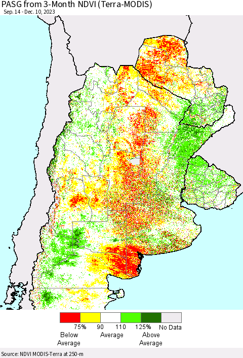 Southern South America PASG from 3-Month NDVI (Terra-MODIS) Thematic Map For 12/3/2023 - 12/10/2023