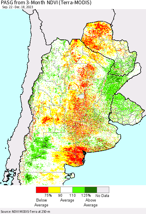 Southern South America PASG from 3-Month NDVI (Terra-MODIS) Thematic Map For 12/11/2023 - 12/18/2023