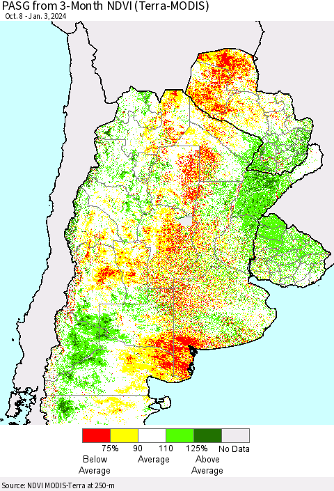 Southern South America PASG from 3-Month NDVI (Terra-MODIS) Thematic Map For 12/27/2023 - 1/3/2024