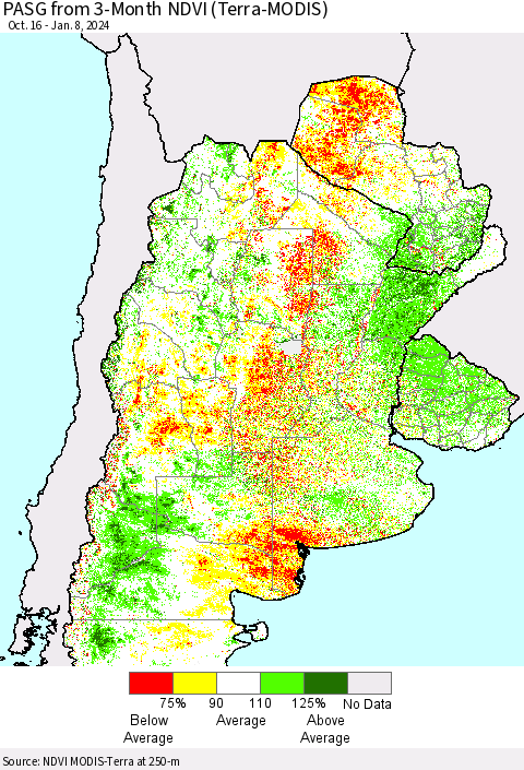 Southern South America PASG from 3-Month NDVI (Terra-MODIS) Thematic Map For 1/1/2024 - 1/8/2024