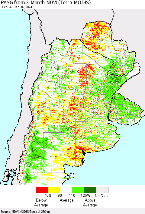 Southern South America PASG from 3-Month NDVI (Terra-MODIS) Thematic Map For 1/9/2024 - 1/16/2024