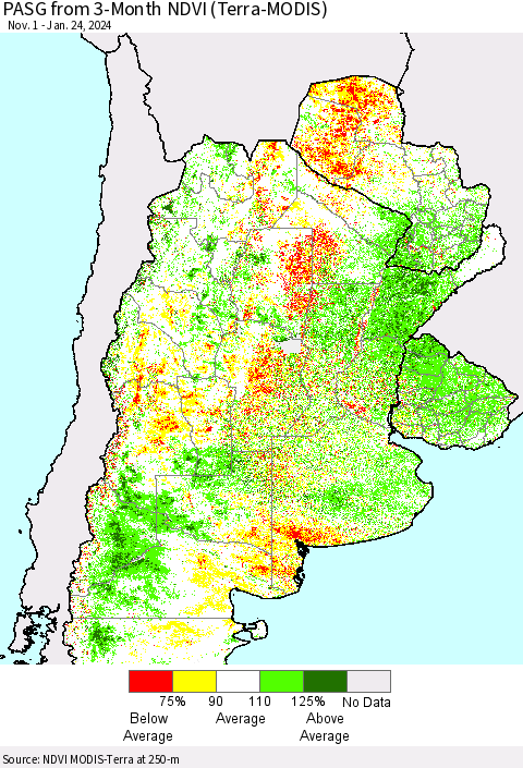 Southern South America PASG from 3-Month NDVI (Terra-MODIS) Thematic Map For 1/17/2024 - 1/24/2024