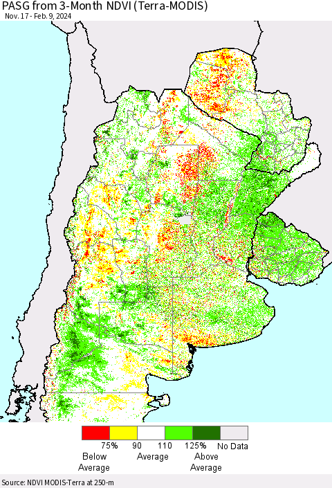 Southern South America PASG from 3-Month NDVI (Terra-MODIS) Thematic Map For 2/2/2024 - 2/9/2024