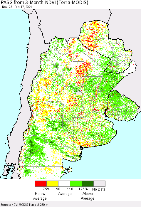 Southern South America PASG from 3-Month NDVI (Terra-MODIS) Thematic Map For 2/10/2024 - 2/17/2024