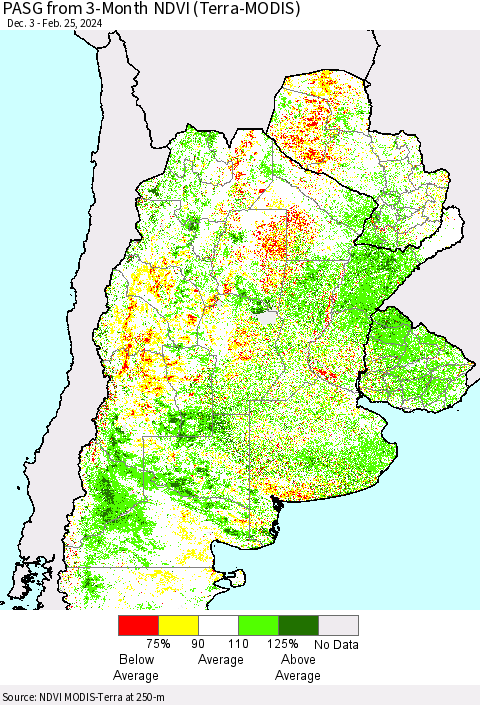 Southern South America PASG from 3-Month NDVI (Terra-MODIS) Thematic Map For 2/18/2024 - 2/25/2024