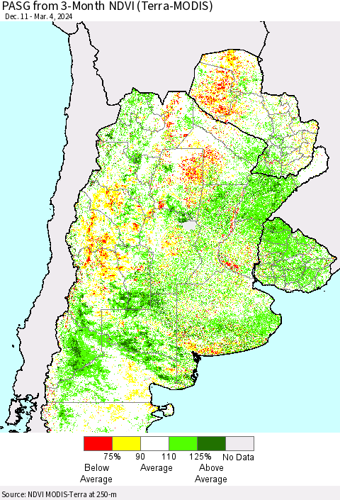 Southern South America PASG from 3-Month NDVI (Terra-MODIS) Thematic Map For 2/26/2024 - 3/4/2024