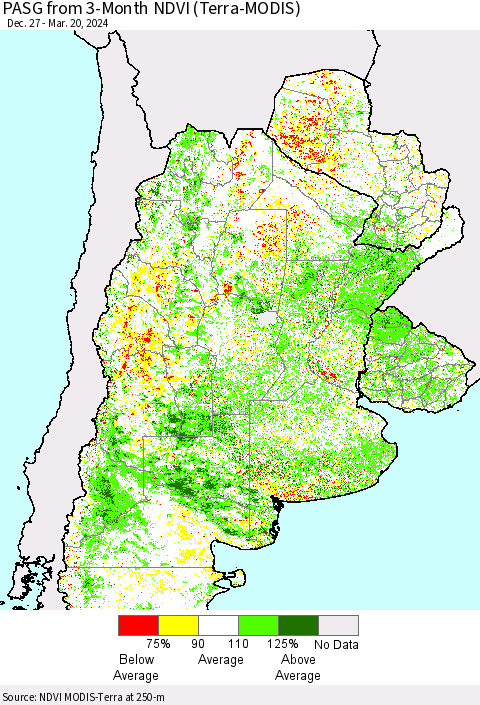Southern South America PASG from 3-Month NDVI (Terra-MODIS) Thematic Map For 3/13/2024 - 3/20/2024