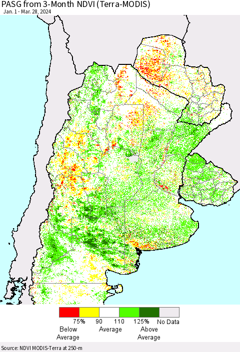 Southern South America PASG from 3-Month NDVI (Terra-MODIS) Thematic Map For 3/21/2024 - 3/28/2024