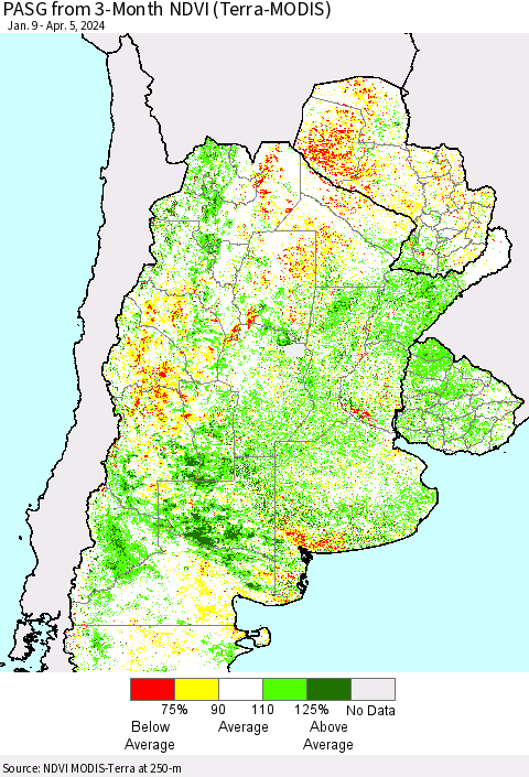 Southern South America PASG from 3-Month NDVI (Terra-MODIS) Thematic Map For 3/29/2024 - 4/5/2024