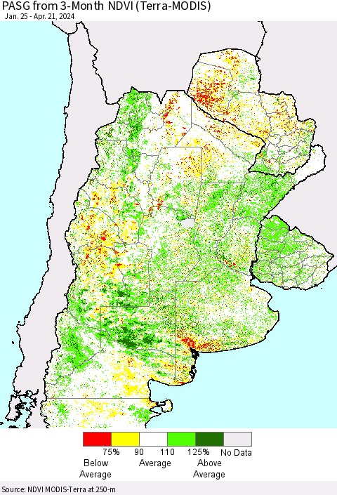 Southern South America PASG from 3-Month NDVI (Terra-MODIS) Thematic Map For 4/14/2024 - 4/21/2024
