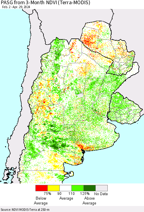 Southern South America PASG from 3-Month NDVI (Terra-MODIS) Thematic Map For 4/22/2024 - 4/29/2024