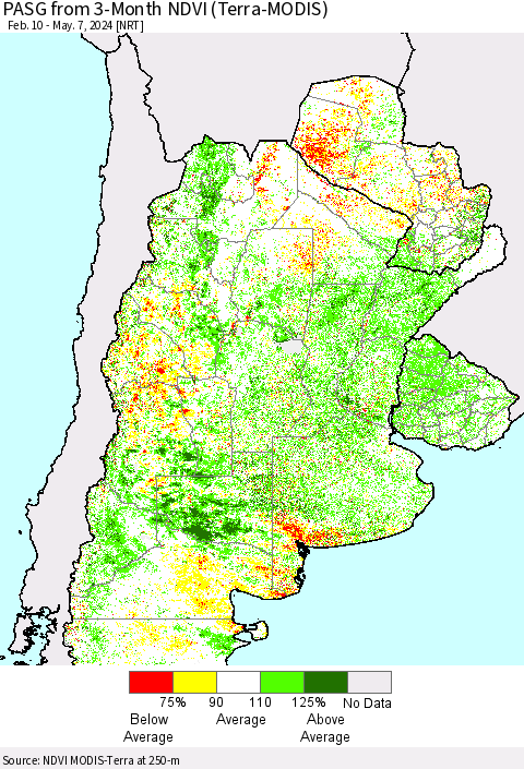 Southern South America PASG from 3-Month NDVI (Terra-MODIS) Thematic Map For 4/30/2024 - 5/7/2024