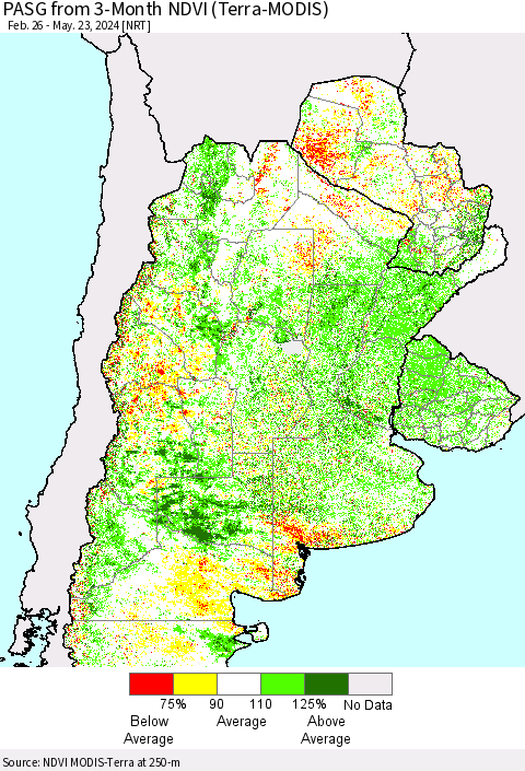 Southern South America PASG from 3-Month NDVI (Terra-MODIS) Thematic Map For 5/16/2024 - 5/23/2024