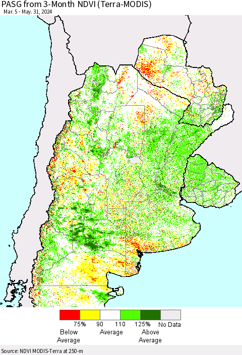Southern South America PASG from 3-Month NDVI (Terra-MODIS) Thematic Map For 5/24/2024 - 5/31/2024