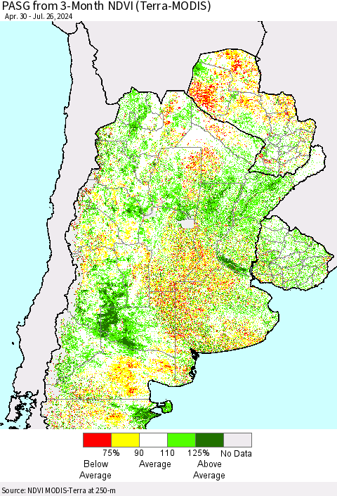 Southern South America PASG from 3-Month NDVI (Terra-MODIS) Thematic Map For 7/19/2024 - 7/26/2024