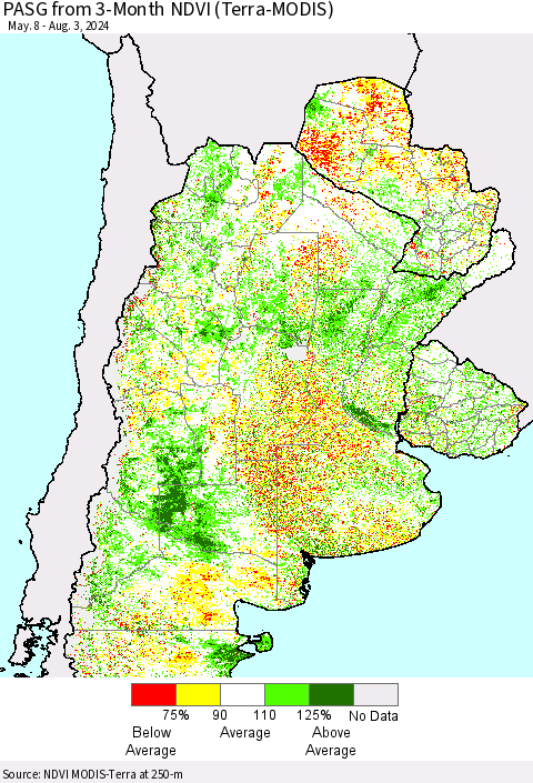 Southern South America PASG from 3-Month NDVI (Terra-MODIS) Thematic Map For 7/27/2024 - 8/3/2024