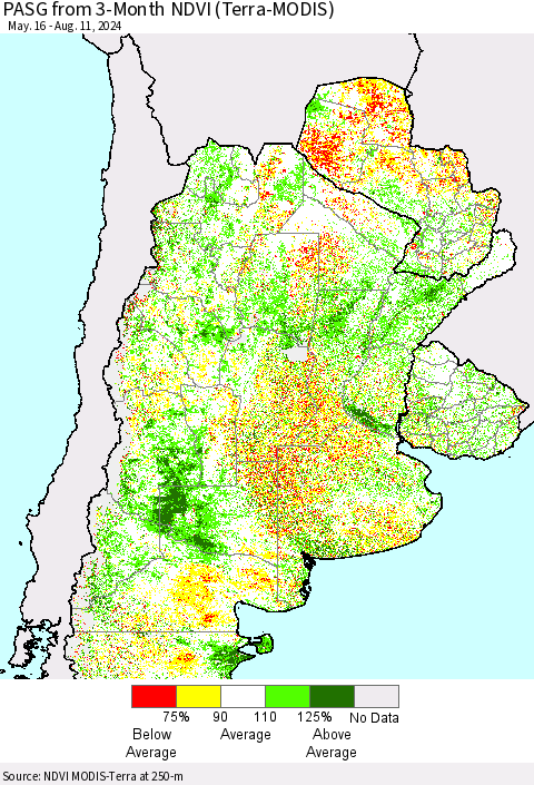 Southern South America PASG from 3-Month NDVI (Terra-MODIS) Thematic Map For 8/4/2024 - 8/11/2024