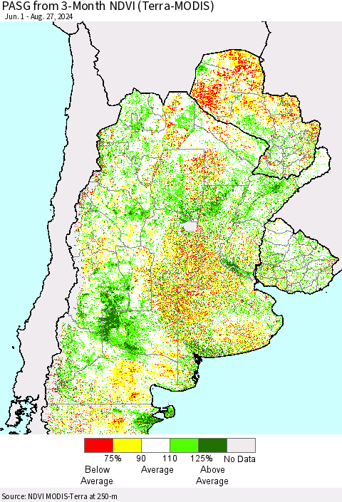 Southern South America PASG from 3-Month NDVI (Terra-MODIS) Thematic Map For 8/20/2024 - 8/27/2024